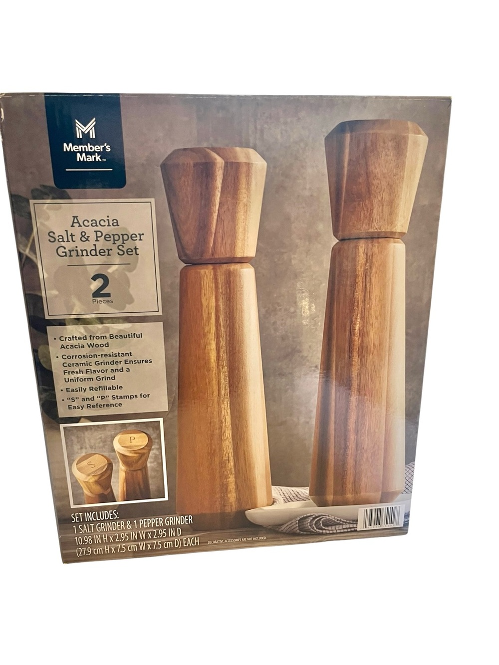 Member's Mark Acacia Salt & Pepper Grinder Set Natural Brown Scandanavian Rustic